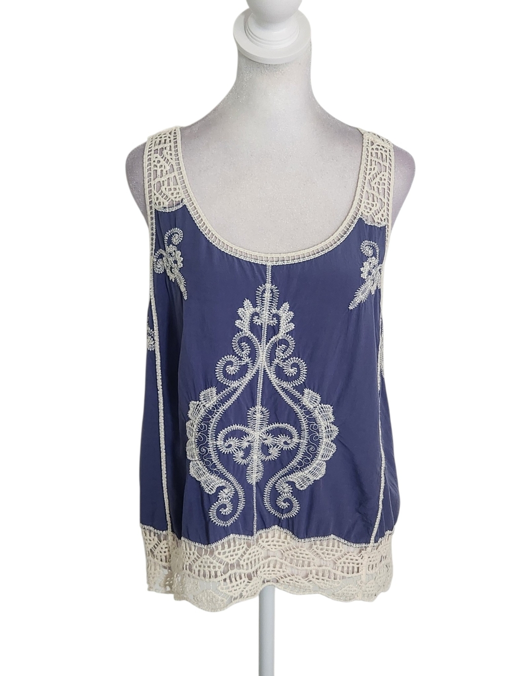 Ultra Pink Navy and Cream Boho Tank Top Size Large Crochet Embroidered